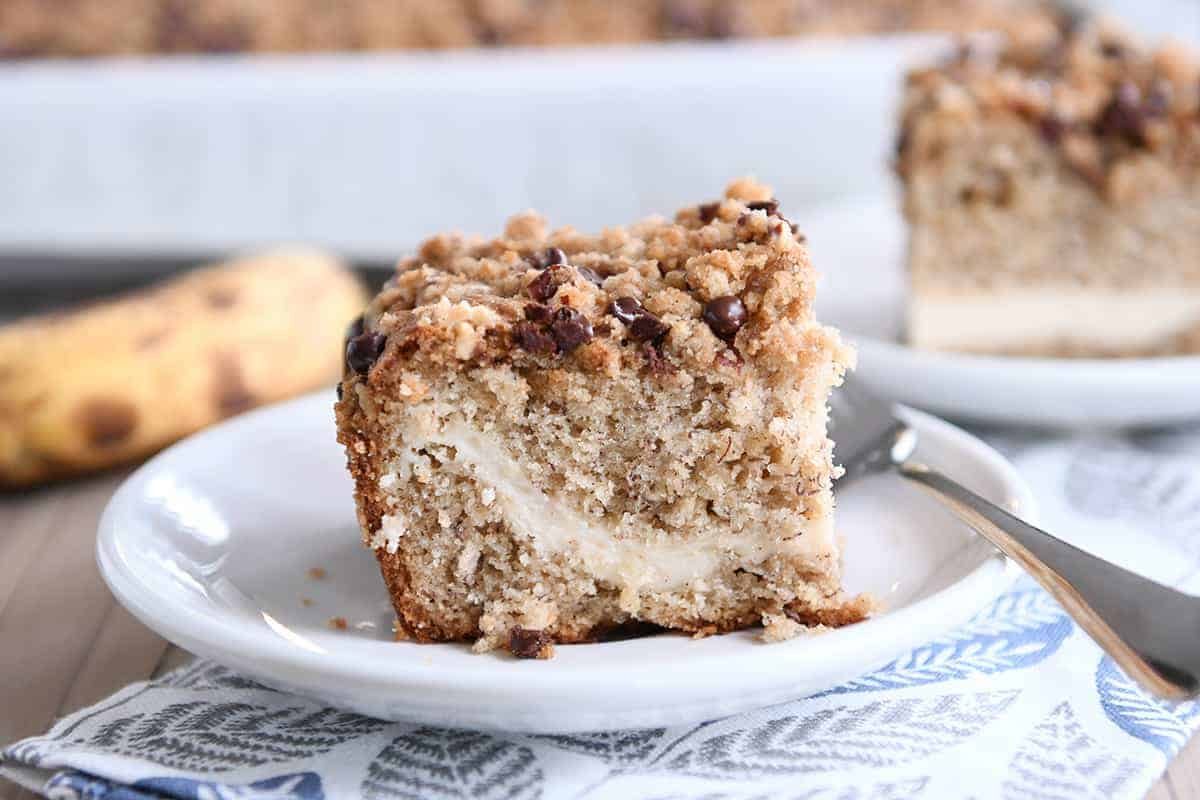 Banana Cream Cheese Coffee Cake with Chocolate Chip Streusel
