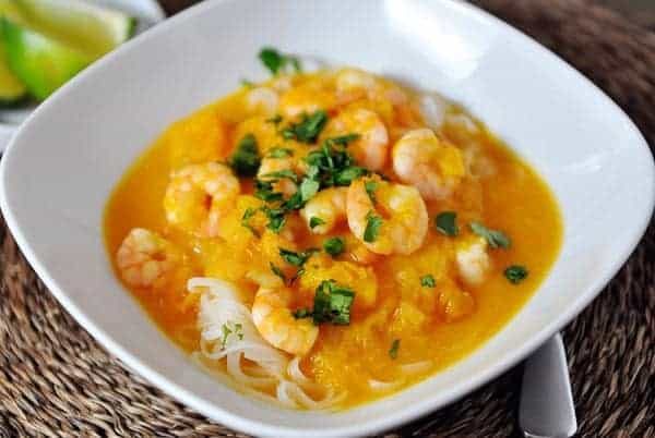Butternut Squash and Coconut Curry Soup with Shrimp and Rice Noodles