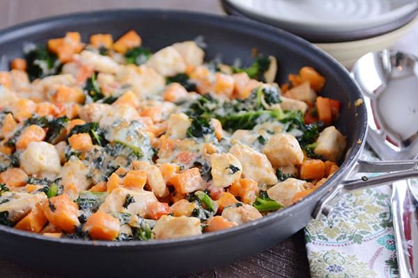 Cheesy Chicken, Kale and Sweet Potato Skillet Meal