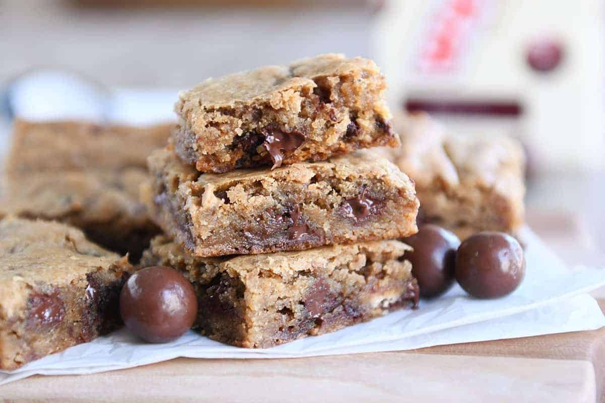 Chewy Malted Chocolate Chip Blondies