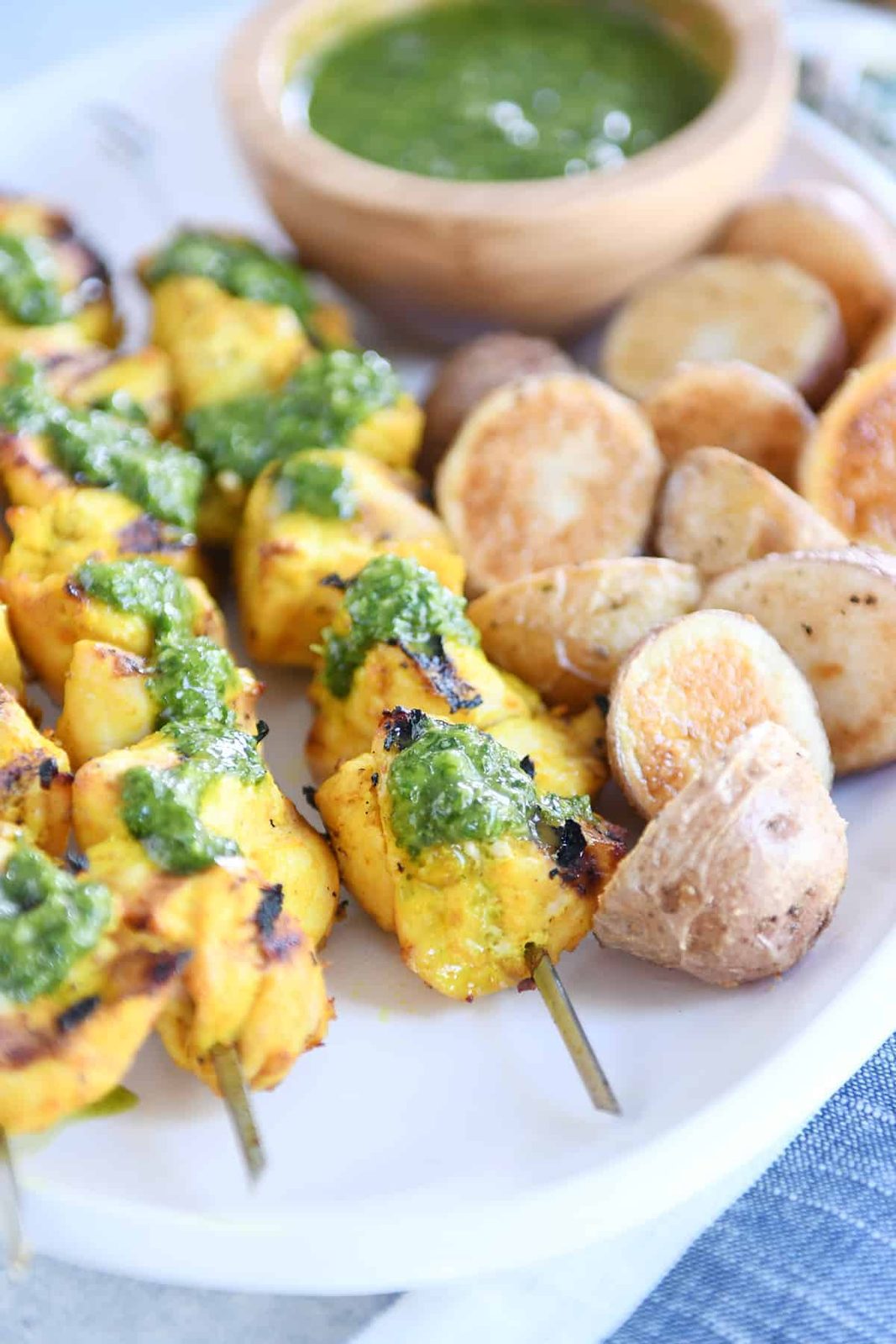 Moroccan Chicken Skewers with Crazy Good Green Sauce