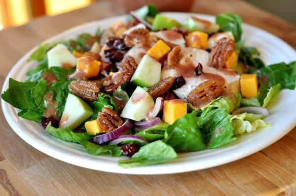 Romaine Salad with Chicken, Cheddar, Apples, Spiced Pecans and Cranberry Vinaigrette