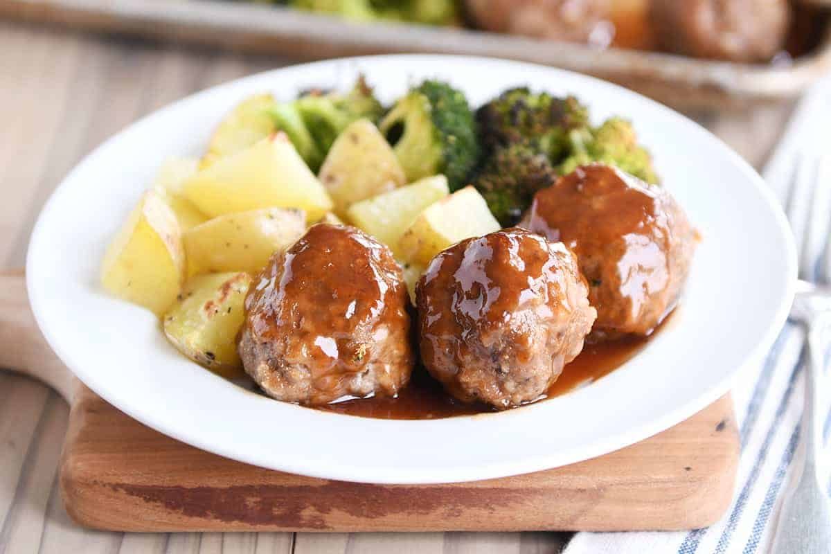 Sheet Pan Sweet and Sour Meatballs with Roasted Potatoes and Broccoli