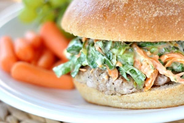 Perfect Turkey Burgers with Romaine and Carrot Slaw