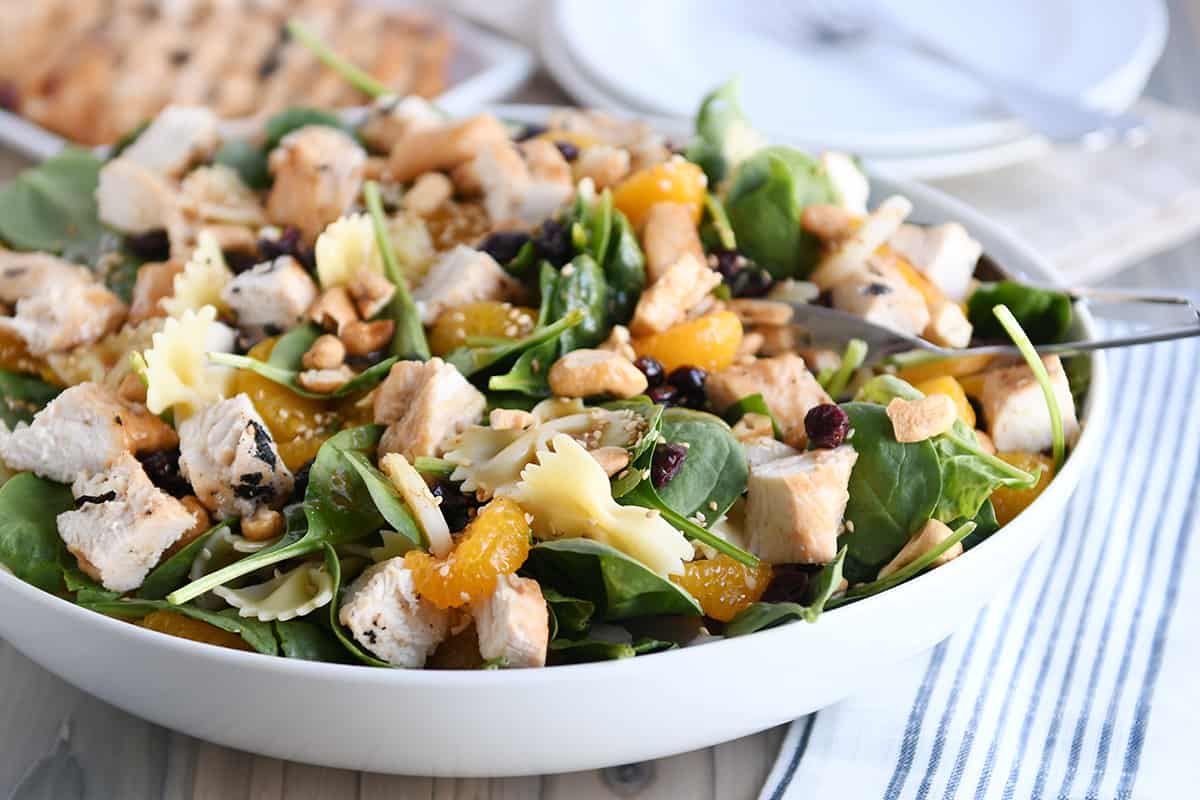 Mandarin Spinach Bowtie Pasta Salad with Teriyaki Dressing