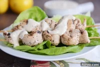 Zesty Grilled Chicken Skewers with Creamy Yogurt-Hummus Dip