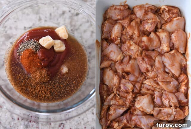 Aloha Chicken Pineapple Kabobs 3 A glass bowl containing a vibrant BBQ marinade of ketchup, honey, vinegar, Worcestershire sauce, and spices, with frozen garlic cubes dissolving. Alongside, a white dish holds raw chicken pieces thoroughly coated in the rich marinade, ready for refrigeration.