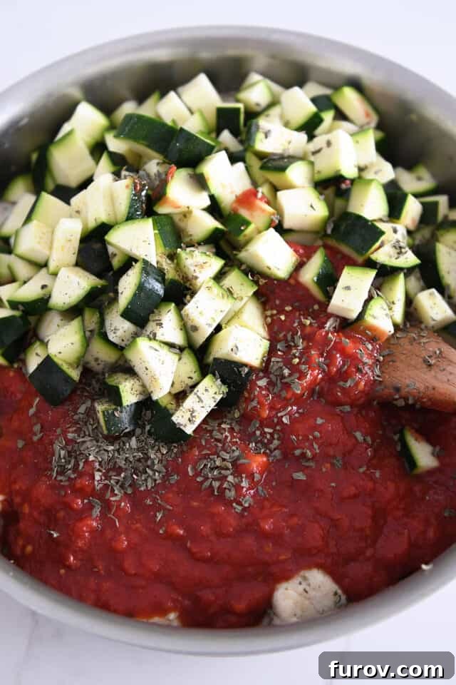 Sizzling Skillet Chicken Zucchini with Italian Cheeses 4 Skillet containing crushed tomatoes, browned chicken, herbs, and diced zucchini, ready to simmer.