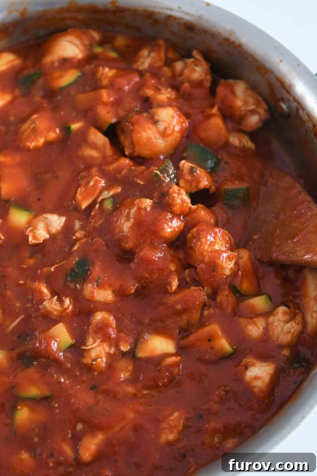 Sizzling Skillet Chicken Zucchini with Italian Cheeses 5 Close-up of skillet with zucchini, chicken, and crushed tomatoes simmering in a rich sauce.