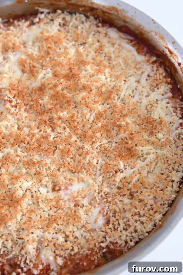 Sizzling Skillet Chicken Zucchini with Italian Cheeses 8 Golden-browned panko bread crumbs creating a crispy crust on top of the Italian skillet meal, fresh from the broiler.