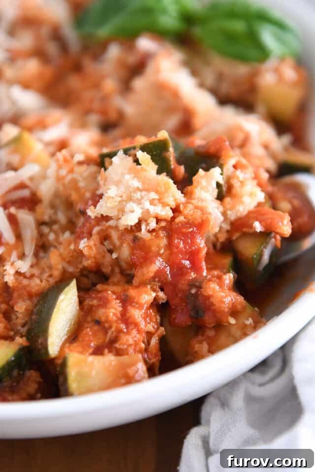 Sizzling Skillet Chicken Zucchini with Italian Cheeses 10 Zucchini, panko bread crumbs, rich tomato sauce, and chicken artfully arranged in a white bowl, highlighting key ingredients.