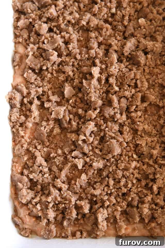 Top down view of a corner of a 9X13-inch pan of carrot cake generously topped with streusel, ready for baking to golden perfection.