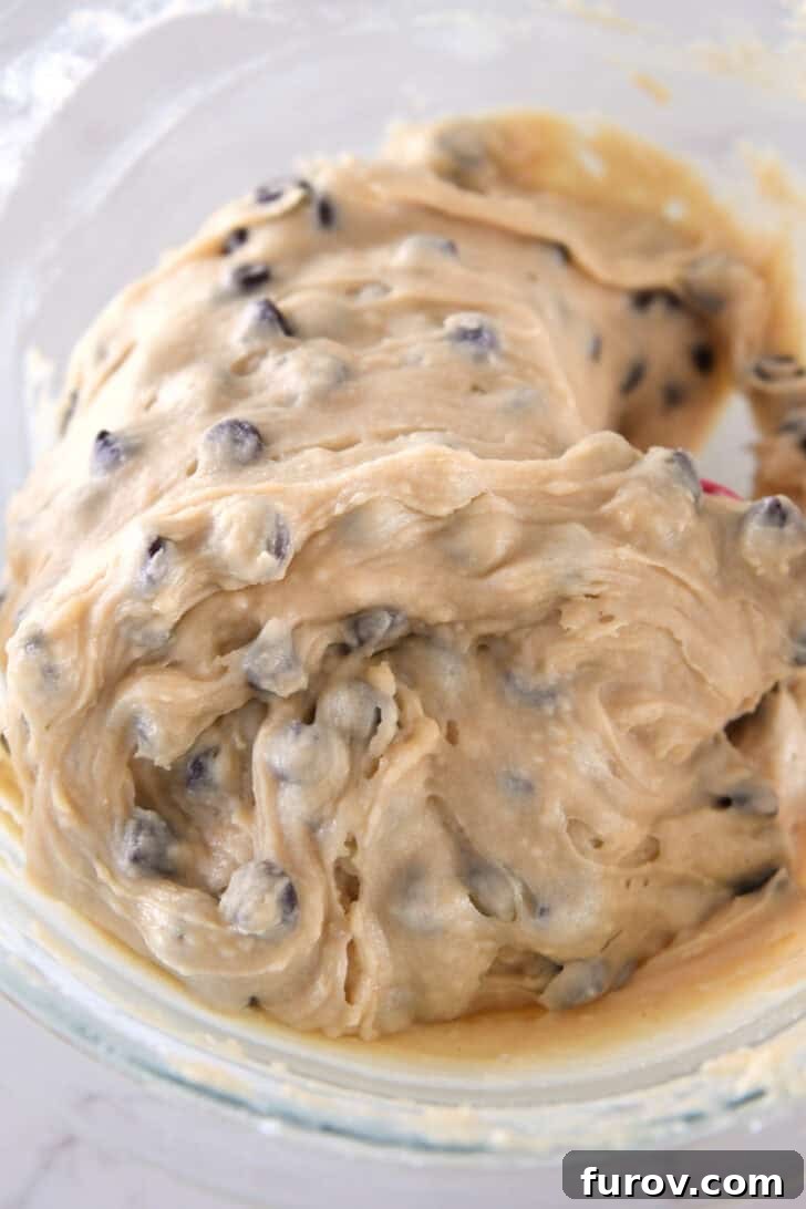 Nutty Brown Butter Chocolate Chip Muffins 12 Finished brown butter chocolate chip muffin batter in a glass bowl, ready for baking.