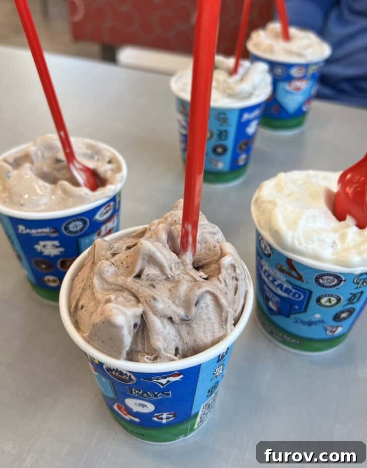 Four delightful mini Dairy Queen Blizzards lined up, showcasing a variety of tempting flavors.