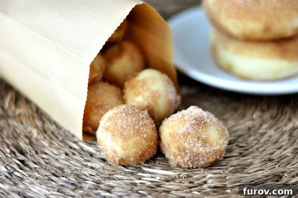 A paper bag tipped on its side with doughnut holes spilling out, showcasing their golden-brown color and sugar coating.