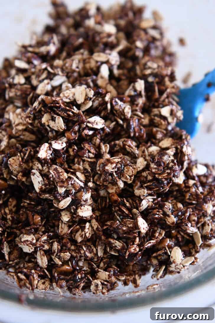 A close-up view of chocolate granola ingredients, including oats, pecans, and the chocolate coating, thoroughly mixed in a glass bowl.