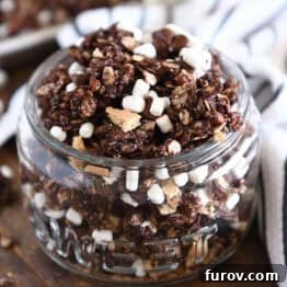 A clear glass jar brimming with tempting chocolate s'mores granola, featuring visible chunks of graham crackers and delicate mini marshmallows.