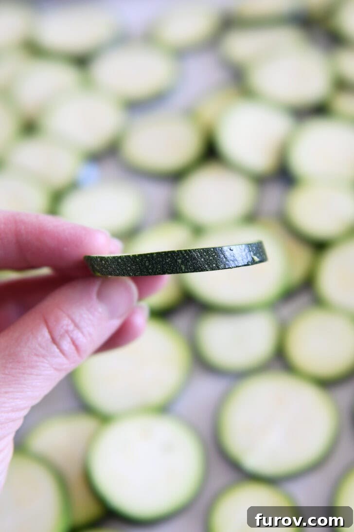 Holding thinly sliced zucchini, ready for preparation.