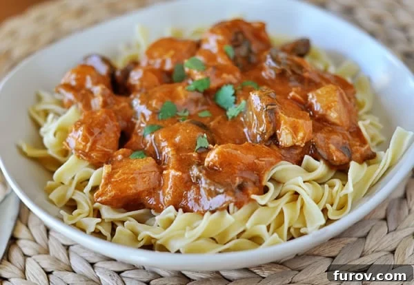 Smoked Paprika Chicken Stroganoff 2 A beautiful white bowl filled with cooked egg noodles, topped generously with creamy paprika chicken stroganoff, garnished with fresh parsley.