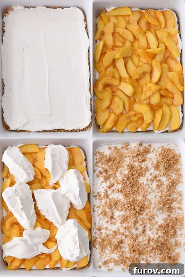 No-Bake Peaches and Cream Bliss 5 A step-by-step view of assembling the peaches and cream dessert: cream spread on crust, followed by sliced peaches, then dollops of cream on peaches, and finally crumbled graham cracker crumbs on top.