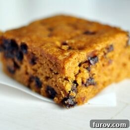 Autumn Spice Pumpkin Chocolate Chip Blondies 4 Top-down view of a single pumpkin chocolate chip blondie, showing its golden-brown top and gooey interior.