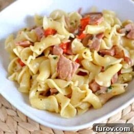 A smaller close-up of the delicious Ham and Pasta Skillet Dinner.