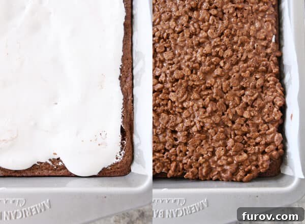 Two pans of brownies side-by-side, one with marshmallow cream and the other with the finished rice krispie topping.