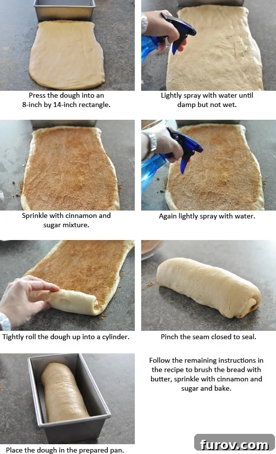 Step-by-step pictorial guide showing the process of making cinnamon swirl bread, from dough preparation to the final baked loaf with its signature swirl.