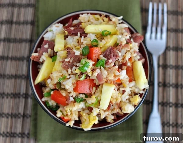 Close-up Top View of Freshly Cooked Hawaiian Fried Rice