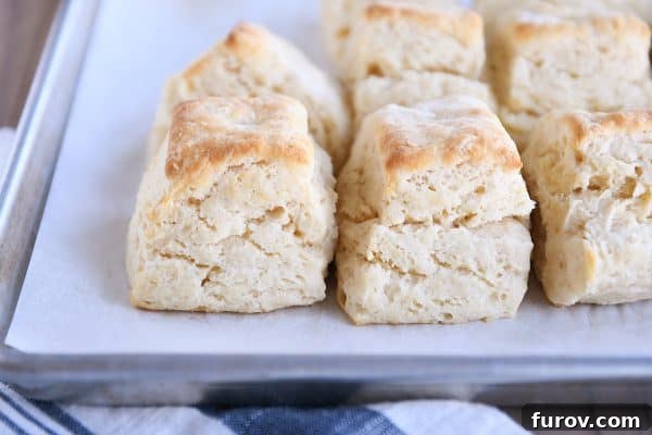 A pristine white platter proudly displaying several super flaky, golden buttermilk biscuits, hinting at their delicate texture.