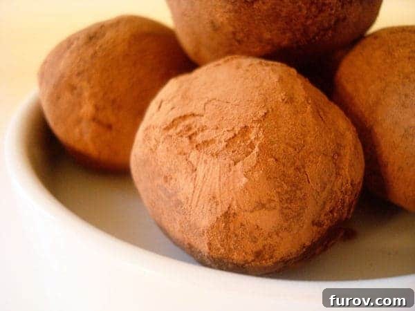 Chocolate dusted truffles on a white plate, showcasing their rich color and inviting texture.