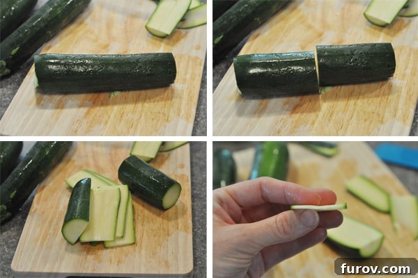 Four instructional pictures showing the process of cutting zucchini into thin strips for lasagna.