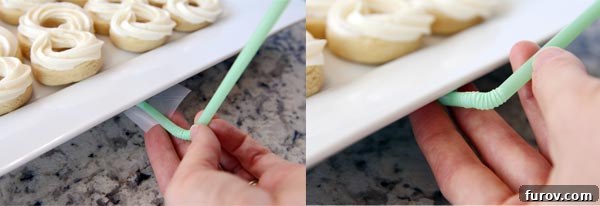 Preserve the Beauty of Your Cupcakes and Cookies During Storage 3 A green straw being bent along the side of a white platter of cookies.