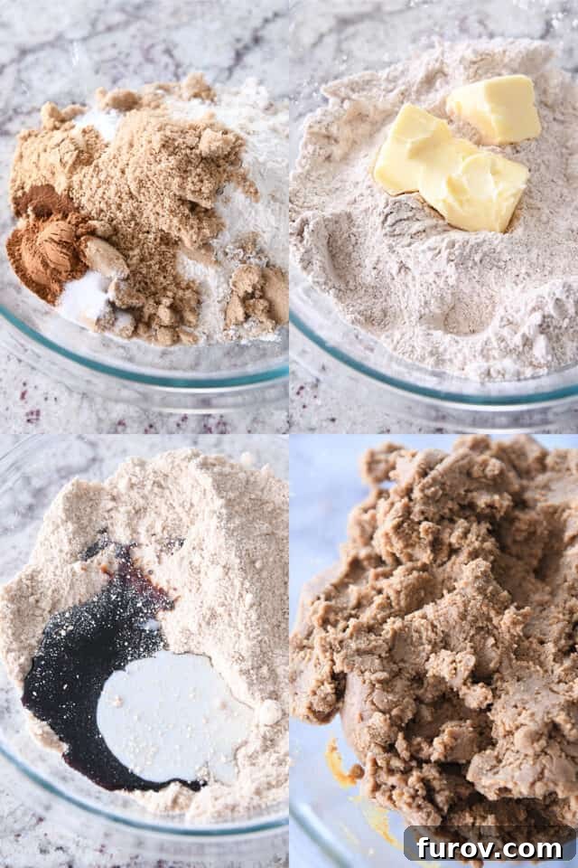 Brown sugar, cinnamon, ginger and flour in mixing bowl; adding butter to dry ingredients; adding milk and molasses to dry ingredients; mixed gingerbread cookie dough in glass bowl.