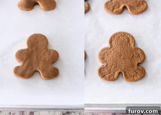 Unbaked and baked gingerbread person cookie on baking sheet.