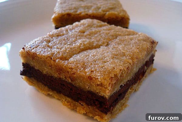 A light brown brown sugar bar with a decadent dark chocolate ganache middle layer, served neatly on a white plate, highlighting its rich composition.