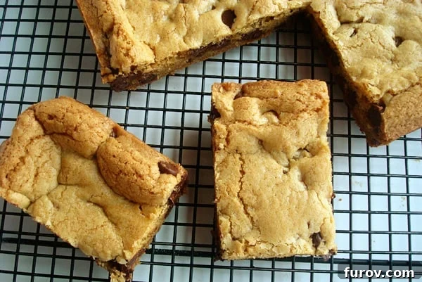 Thick and Chewy Chocolate Chip Bars, a wider view showing the entire pan cut into squares, ready to serve.
