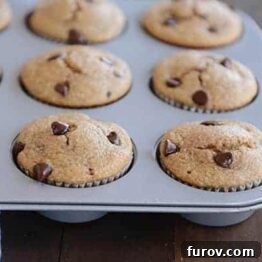 A close-up of a single gluten-free banana chocolate chip muffin, featuring a golden-brown top and visible chocolate chips.