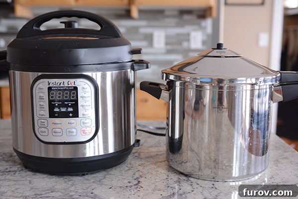 Deep Dive into Pressure Cooking: Why, What Kind, and Resources 11 Two pressure cookers, a stovetop model and an electric Instant Pot, sit side-by-side on a kitchen counter, showcasing both options.