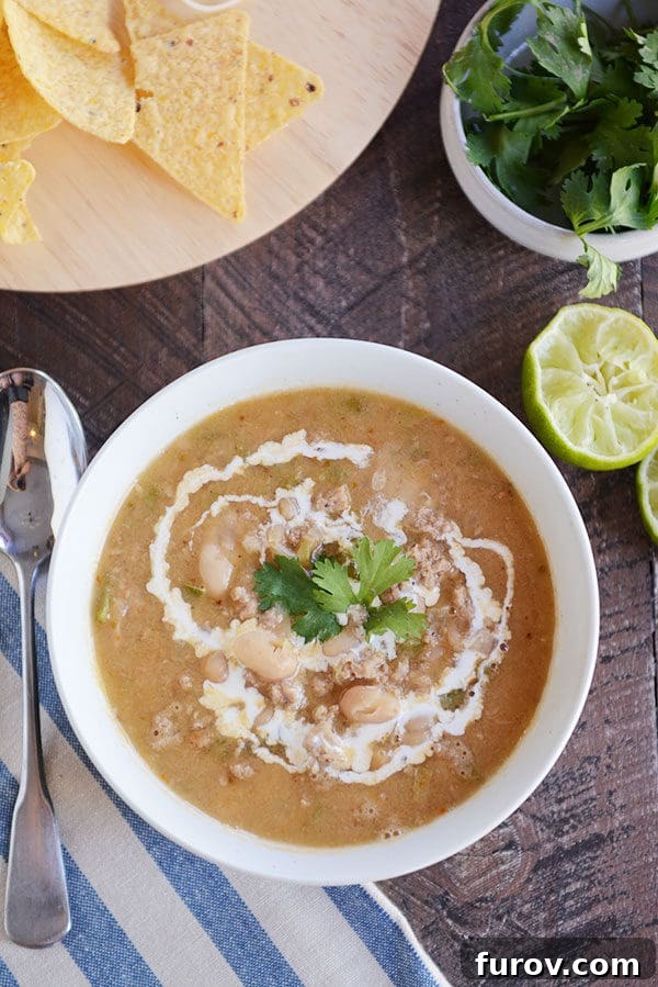 Top view of a bowl of white bean chili with limes, parsley, and tortilla chips beside it.