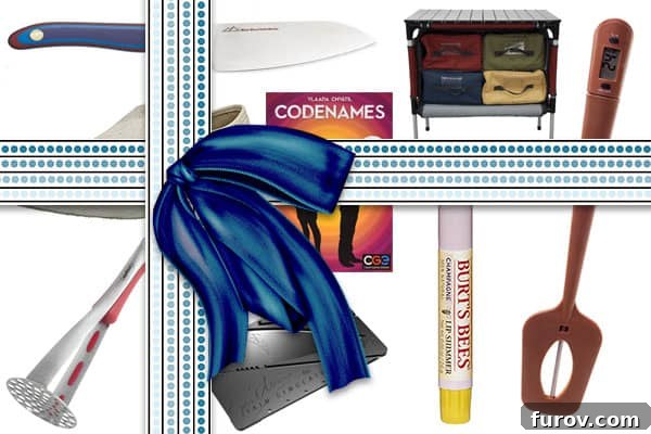 A beautifully arranged collage of popular holiday gifts, featuring kitchen gadgets, men's accessories, and women's items, adorned with a festive digital bow.