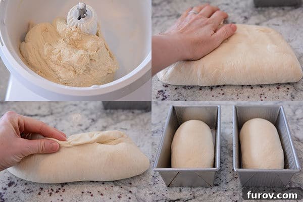 A step-by-step visual guide showing four key stages of making homemade white bread dough.