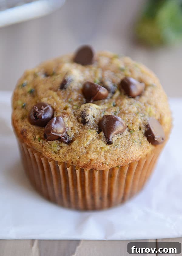 Ultimate Wholesome Zucchini Muffins 2 Top view of a chocolate chip topped zucchini muffin on a piece of parchment paper, highlighting its golden-brown exterior and moist texture.