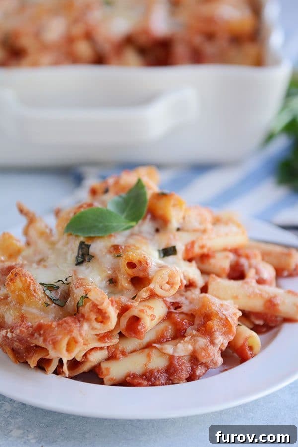 Dondurucu Dostu Fırında Peynirli Ziti 6 A white plate of cheesy baked ziti with red sauce and two basil leaves on top.
