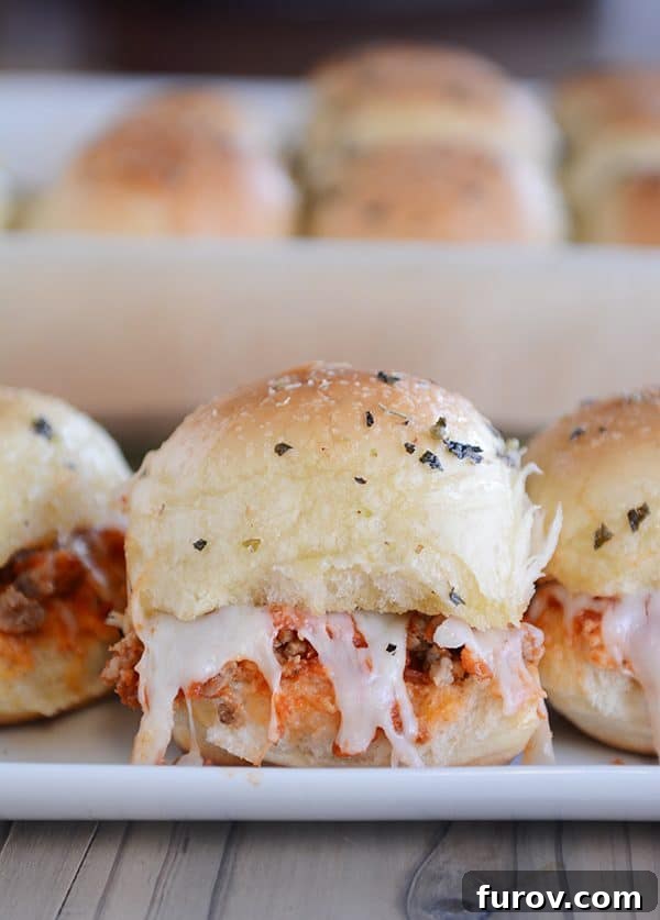 A series of step-by-step images showing the assembly process of cheesy pepperoni pizza sliders.