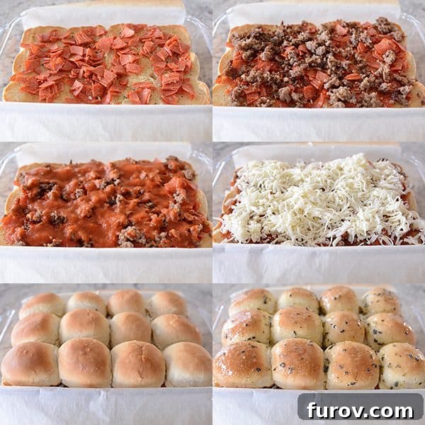 Assembled pepperoni pizza sliders in a baking dish, ready for the oven.