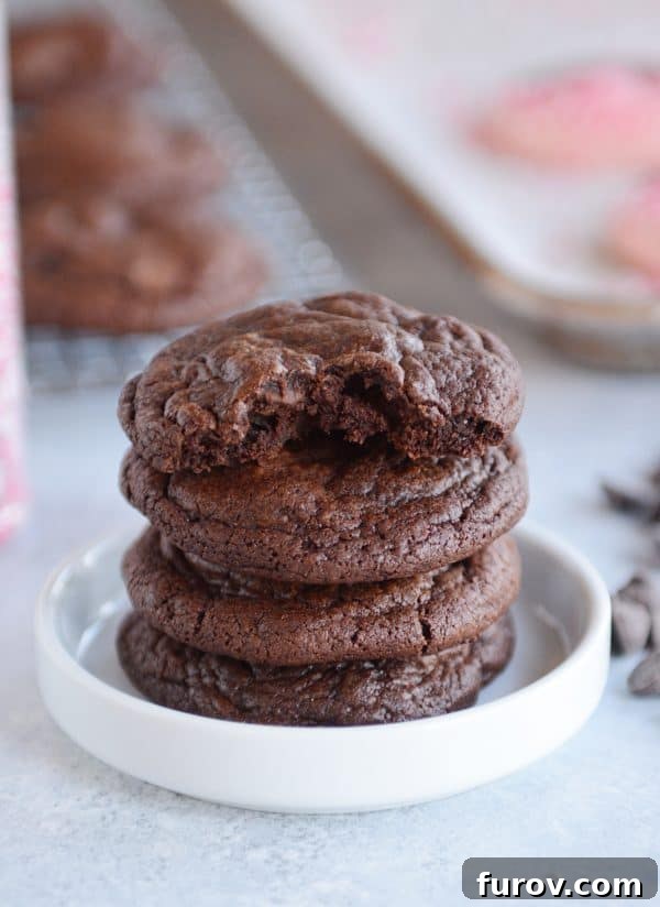 Decadent One-Bowl Fudgy Brownie Cookies 6 A small stack of rich chocolate cookies on a white plate, showcasing their dark, inviting color and crackled tops.