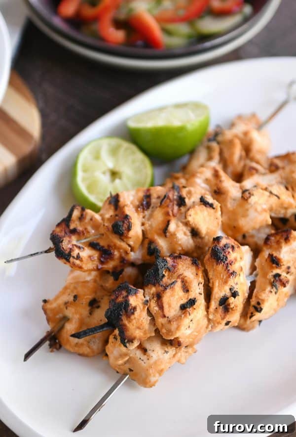 Grilled almond coconut milk chicken satay skewers artfully arranged on a white serving platter, ready to be enjoyed.