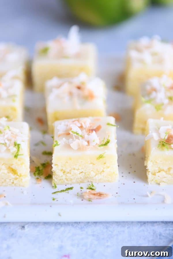 Perfectly cut toasted coconut lime bars arranged neatly on a pristine white platter, showcasing their golden crust and green lime flecks.