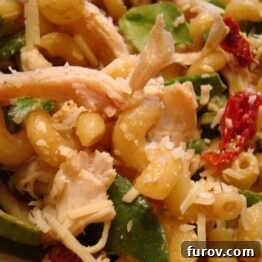 Chicken Pasta Salad with Sun-Dried Tomatoes, Fresh Spinach, and Crispy Bacon 4 A top-down view of the prepared pasta chicken salad with spinach and sun-dried tomatoes.